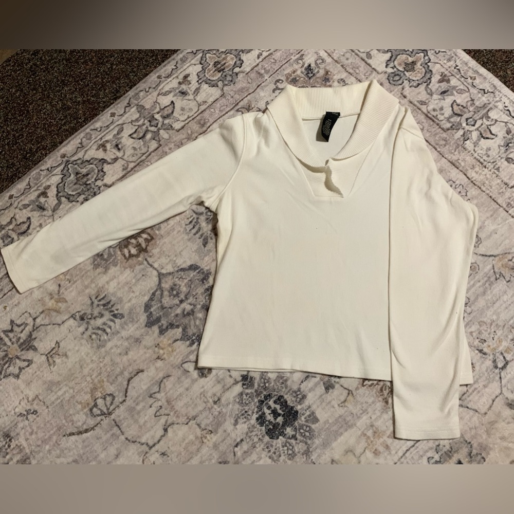 Rafaella Sweater Top Shirt White Ribbed V Neck Women's Size medium